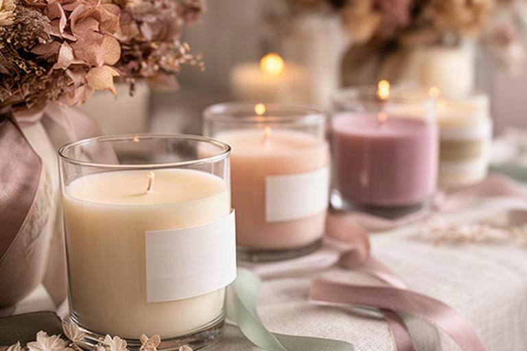Composición de velas aromáticas personalizadas para una celebración, con etiquetas delicadas y flores secas